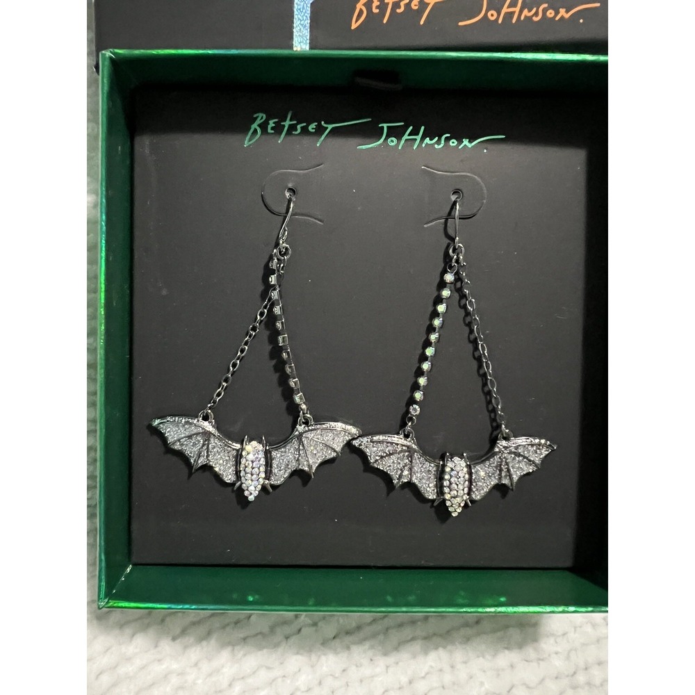 Betsey Johnson Halloween dangling bat silver with rhinestones earrings